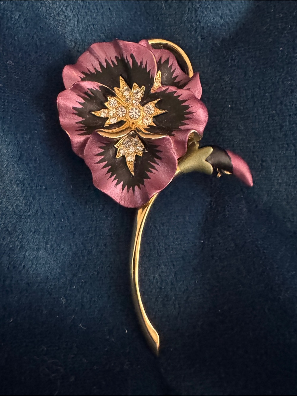 Gold-Tone Purple Pansy Brooch with Crystal Accents